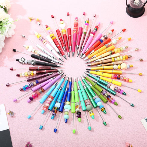 Kosiz 100 Pieces Plastic Beadable Pens - Black Ink Ballpoint Pens with 100 Refills for DIY Gifts for Kids and Students