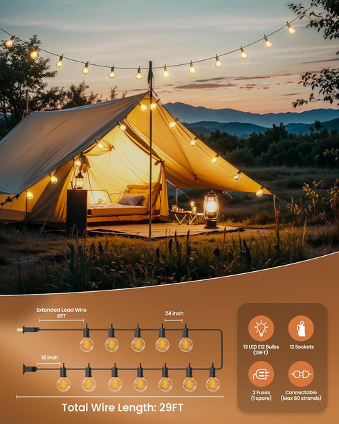 29 G40 13 Bulbs(1 E12 Brightown Outdoor String Lights Feet LED Patio Lights, Plug-in, Plastic Edison Spare), Waterproof