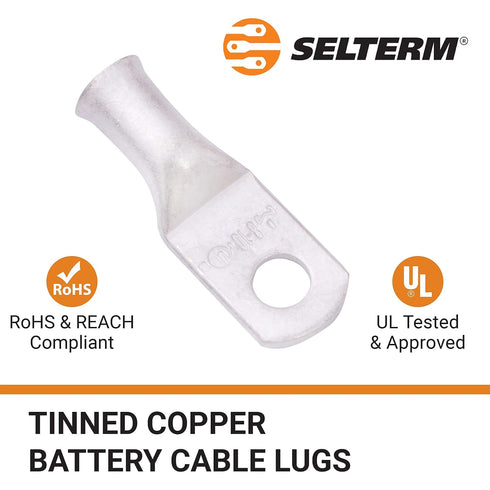 SELTERM 2pcs 8 AWG #10 Stud Tinned Copper Wire Lugs, Battery Lugs, Ring Terminals, UL Marine Grade Electrical Battery
