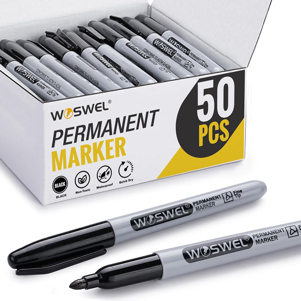 WOSWEL Permanent Markers Bulk, 50 Pack, Black Permanent Marker Pens, Fine Tip,