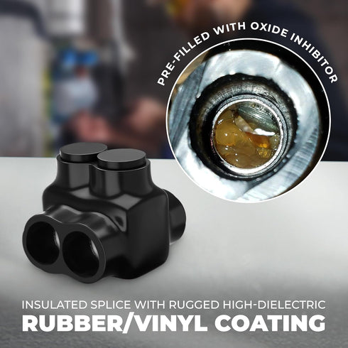 OhLectric 2 Port Multi Cable Connectors, 250 MCM-#6-2 Black Insulated Vinyl Coated Electrical Power Connector