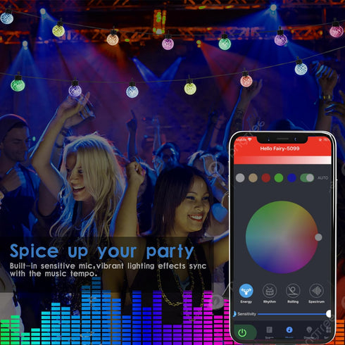 Sunlitec 25 Bulbs, IP65 8 4 15ft Solar LED String Lights, RGB Color Changing Bluetooth App Control, Waterproof, Scene