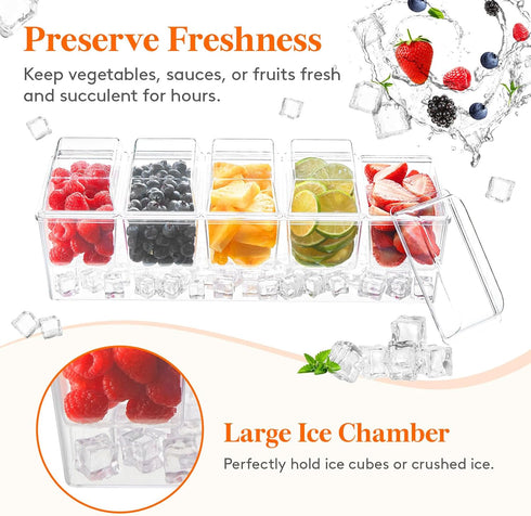 5x 20 oz Lifewit Ice Chilled Condiment Caddy with Containers, Condiment Server with Lid & Metal Accessories, Serving