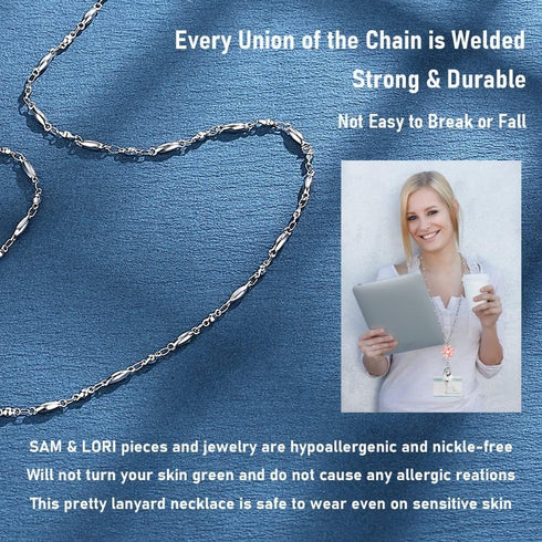 SAM & LORI Strong Pretty Lanyard Necklace for Women, Stainless Steel Diffuser Metal Chain with Badge Clip, Pink Daisy