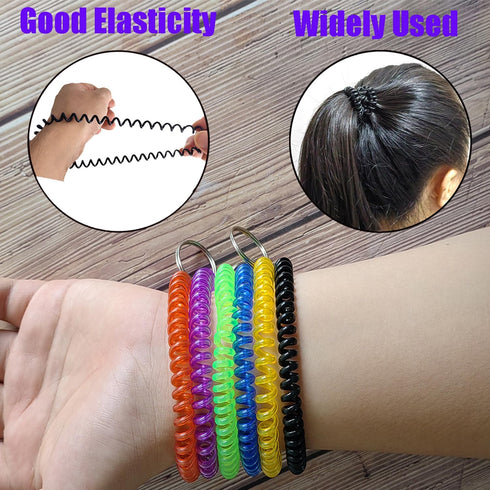 Smanzu 10 Pieces Colorful Wrist Coil Keychain Wristband Spiral Key Ring Bracelet Key Holder for Pool Gym ID Badge(Solid