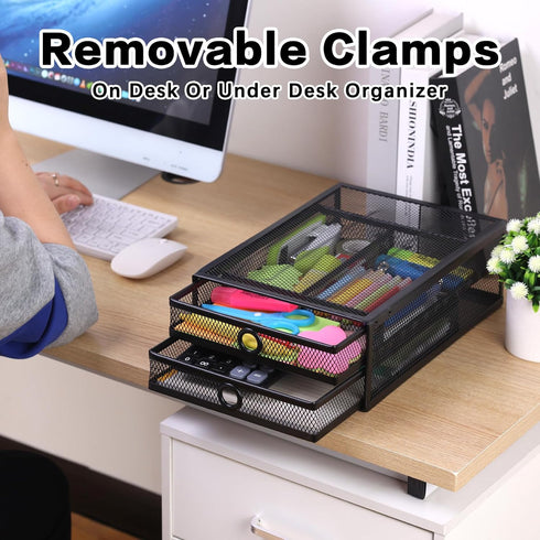 ROSYLINE Under Desk Drawer Organizer, Clamp on 2 Tier Slide Out Drawer, Metal Under Desk Storage for Home and Office