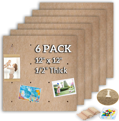 Large Brown Felt Pinboard, 12"x12"-1/2" Thick, 6 Pack Self-Adhesive Cork Board for Walls, Soundproof Vision Board with