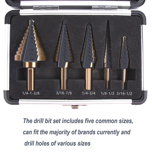 Zhushan 5pcs Step Drill Bit Set, High Speed HSS Cobalt Multiple Hole Sizes with Aluminum Case