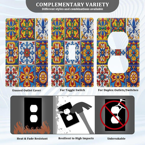 Eionryn H4.53 xL2.76 inch Mexican Talavera Tile Blank Device Wall Plate Moroccan Ottoman Motifs Switch Plates