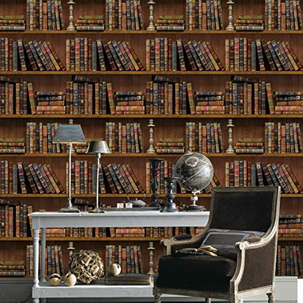 MyFun Faux Vintage Bookshelf Wallpaper Peel and Stick PVC Removable, School Library