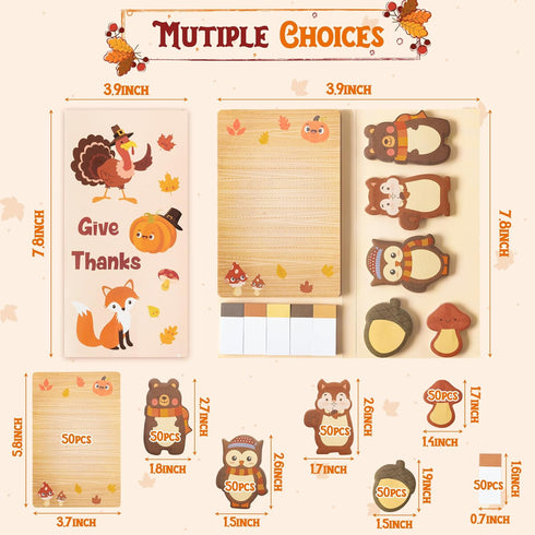 Fall Give Thanks Sticky Notes Set, 550 Sheets Thanksgiving Self-Stick Notes Autumn Turkey Pumpkin Fox Owl Cute Woodland Animal Memo Pads Small Gift for Students School Office Supplies