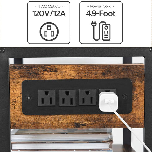 HOOBRO 3-Tier Industrial Printer Stand with Charging Station, Rolling Printer Cart, Adjustable Shelf and Hook, Rustic