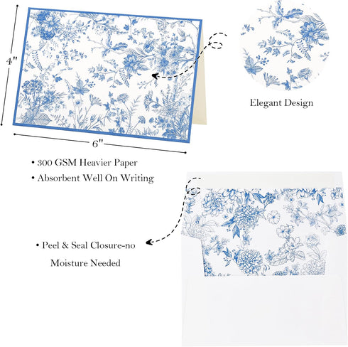 50 Pack Crisky Blue Floral Blank Note Cards with Envelopes & Stickers, Gold Foil Bridal Shower Thank You Cards Greeting