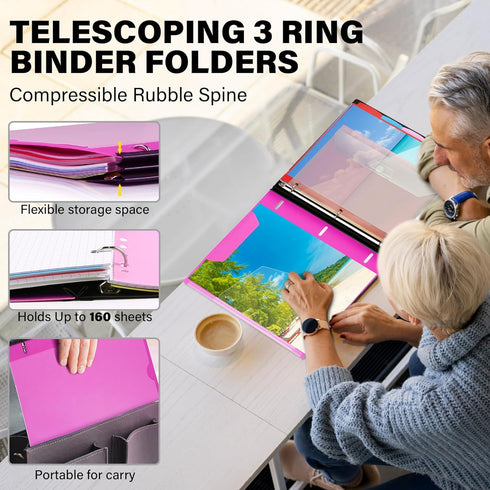 WOT I Telescoping Project Organizer 2PCS, Refillable 3 Ring Binder Pocket Folder with Custom Cover, Pink