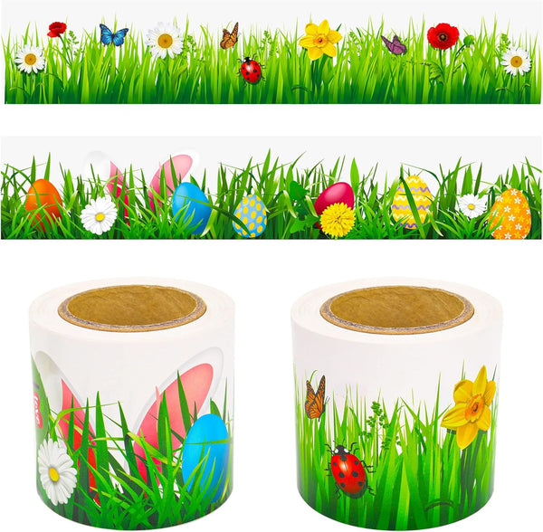 Spring Easter Bulletin Board Border, 2 Rolls of Spring Green Grass and Easter Egg Trim for Classroom Holiday Decorations