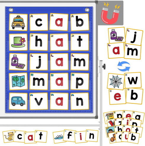 CVC Word Building Pocket Charts with 64 Phonics Flash Cards - Kindergarten Classroom Must Haves for Reading and Spelling