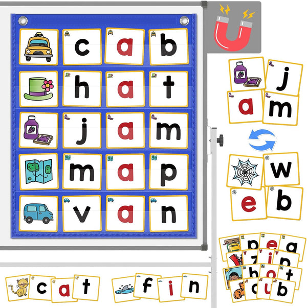 CVC Word Building Pocket Charts with 64 Phonics Flash Cards - Kindergarten Classroom Must Haves for Reading and Spelling