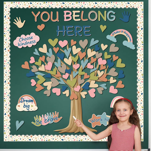 Boho Classroom Tree Bulletin Board Decor You Belong Here Heart Cutouts Border Supplies for Chalkboard Elementary School