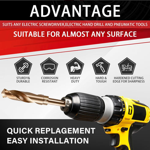 Reduced Shank Drill Bit Set, 8Pcs High-Speed Steel, 1/2” Deming Large Drill Bit Set for Home DIY, General Building,