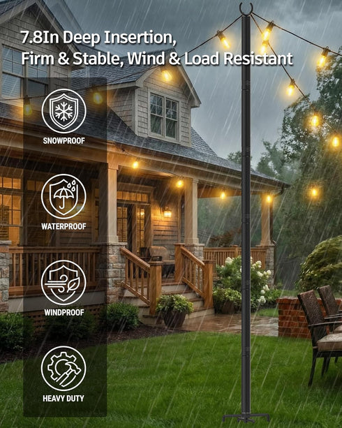 1 Pack, 5-Prong LANDVOI Outdoor String Light Poles Heavy Duty String Light Poles for Outside with Base & Adjustable