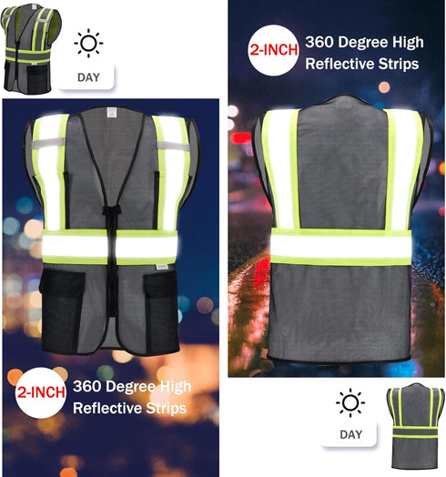 High Visibility Reflective Safety Vest with Zipper and Pockets Translucent Black