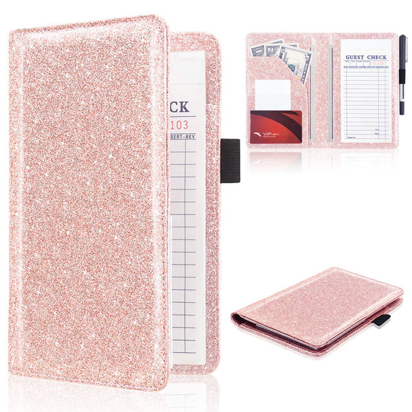 ACdream Cute Pocket Leather Server Books for Waitress, Money Organizer Wallet, Glitter Rose