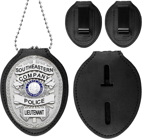 Cedilis 2 Pack Police Badge Holder with Metal Clip, PU Leather, Free Neck Chain, Oval, Black