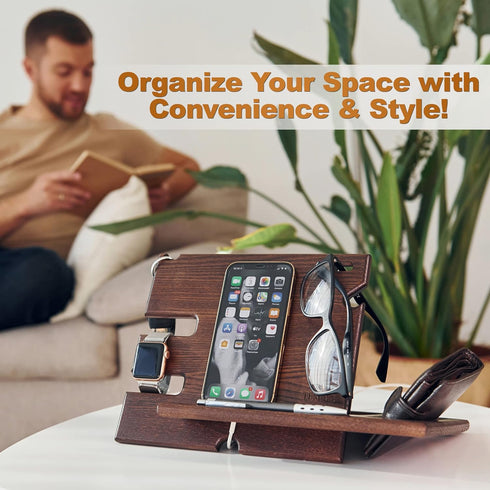 TESLYAR Wood Phone Docking Station Ash Key Holder Wallet Stand Watch Organizer Men Husband Wife Anniversary Dad Birthday Nightstand Purse Father Graduation Male Travel Idea Gadgets (Wenge)