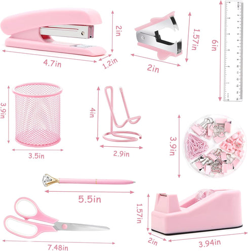 Pink Office Supplies, Pink Desk Accessories, Stapler, Staple Remover, Tape Holder, Pen Holder, Ballpoint Pen, Scissor, Binder Clips, 1000pcs Staples, Phone Holder, Ruler, Transparent Glue and Notes by Famassi