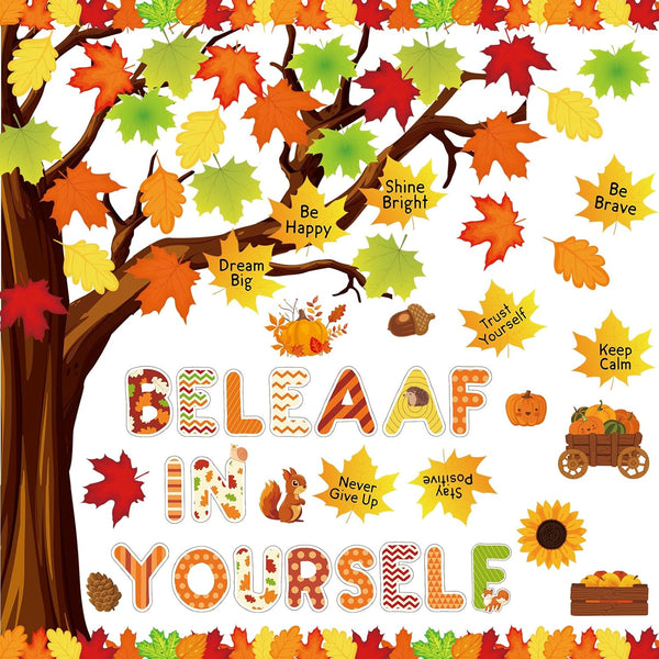 gisgfim Fall Classroom Tree Bulletin Board Set, Motivational Decorations with Leaves Cutouts for School