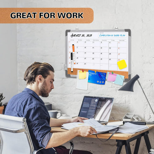 Monthly Calendar Whiteboard Cork Board Combination, 17"x13" Magnetic Dry Erase Board, Double-Sided, Portable for Home