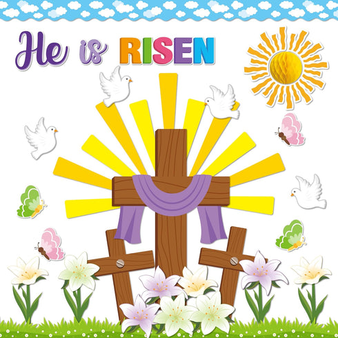 BeYumi 95Pcs Easter He is Risen Cross Bulletin Board Set, Honeycomb Jesus Resurrection Cutouts for Sunday School