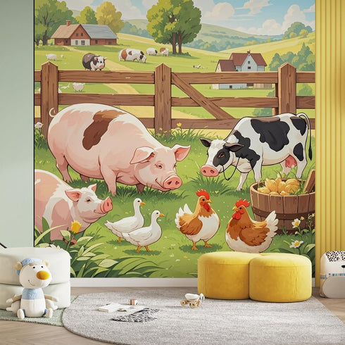 MazoAzuria Farmhouse Animal Wall Mural, Pig Dairy Cow Wallpaper, Farm Chicken Murals for Bedroom Living Room Dining
