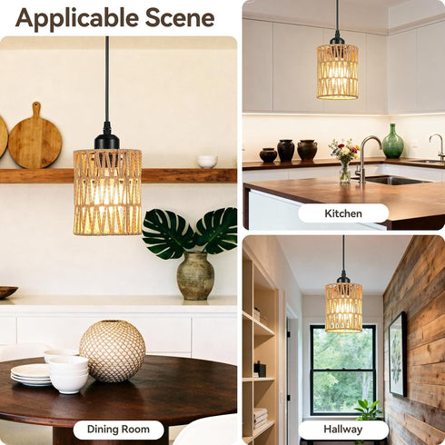 Genyzlux Island,4.7" E26 Rattan Pendant Light Kitchen Mini Wicker Pendant Light, Premium Dried Rattan, Adjustable Hand