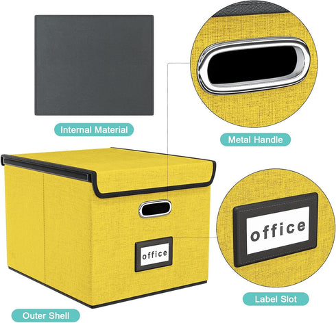 Huolewa Collapsible File Storage Organizer Box with Lid, Yellow Linen Document Storage for Letter/Legal Folders