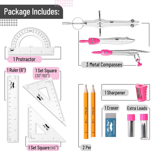 Mr. Pen Geometry Set, 13 pcs Compass and Protractor Kit with Shatterproof Storage Box for School Supplies