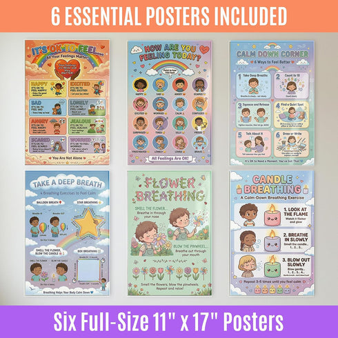 Set 6-Piece JELLY BEAN GENIUS Calming Corner Essential Poster for Kids Emotional Awareness & Social Emotional Learning