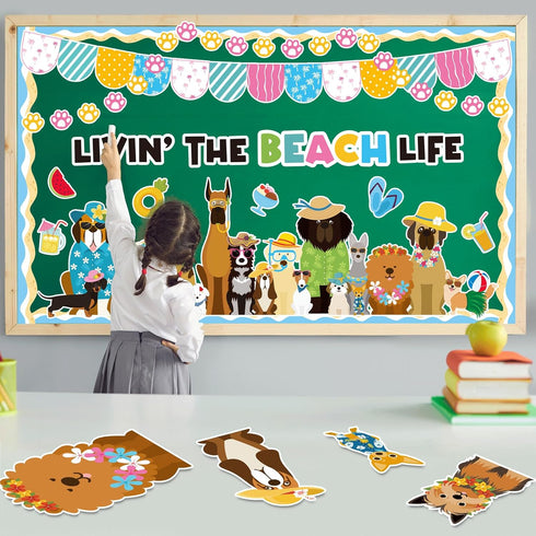 Summer Dog Bulletin Board Decorations Hawaiian Dog Theme Classroom Border Set Cute Puppy Paper Cutouts