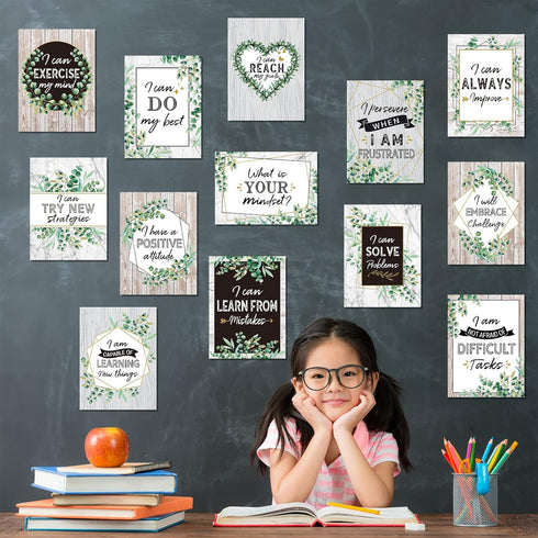 Pajean 13 Pcs Growth Mindset Posters, Simply Boho Eucalyptus Motivational Classroom Decorations for Teachers and