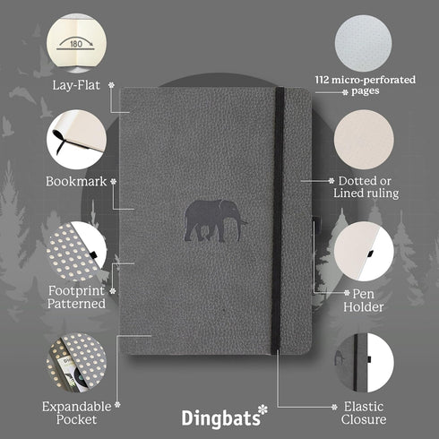 Dingbats A5+ Wildlife Journal, Softcover, Cream 100gsm Ink-Proof Paper, 6 x 8.3 inches, 112 Pages, Grey Elephant