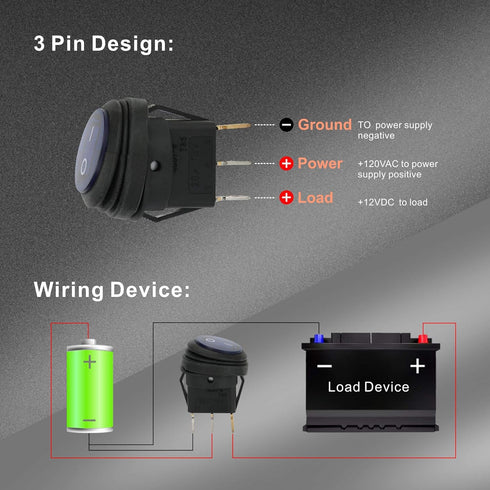 APIELE Waterproof Round Rocker Toggle Switch 2 Position DC 12V 20A ON-Off with LED Light SPST, 4Pcs KCD1-8-101NW (Four