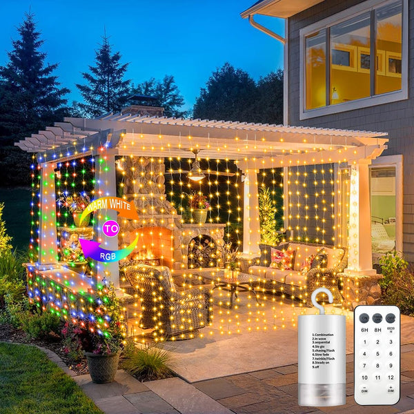 300 LED Fairy Curtain Lights, 2 Color Changing, 9.8Ft x 9.8Ft Battery Operated Waterproof for Party Decorations
