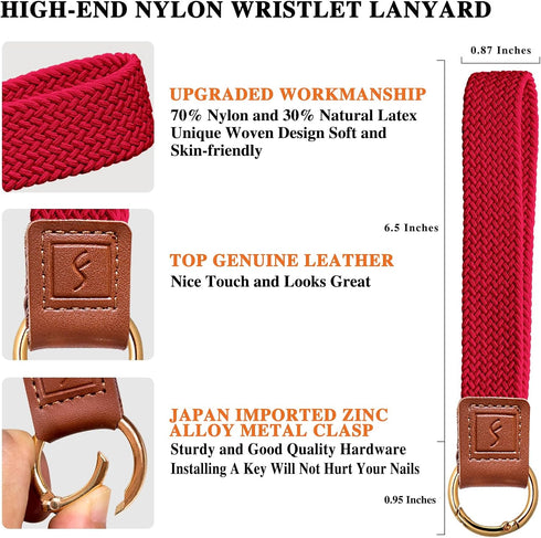 Stretchy Cute Key Chain, Upgraded Woven Wristlet Lanyard for Keys, ID Badges, Card Wallet, Phone (Red)