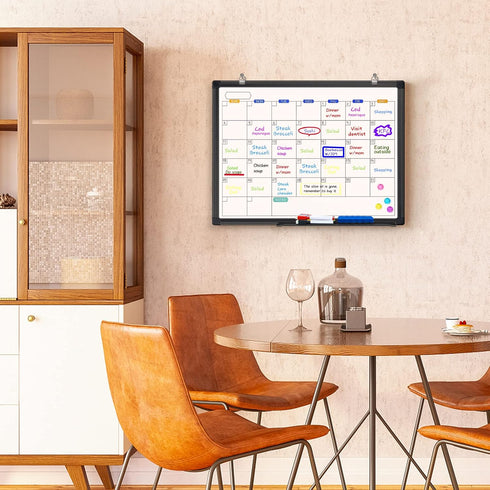 TRIPOLLO Dry Erase Calendar Whiteboard for Wall, 24" x 18" Magnetic Monthly Calendar with Black Aluminum Frame