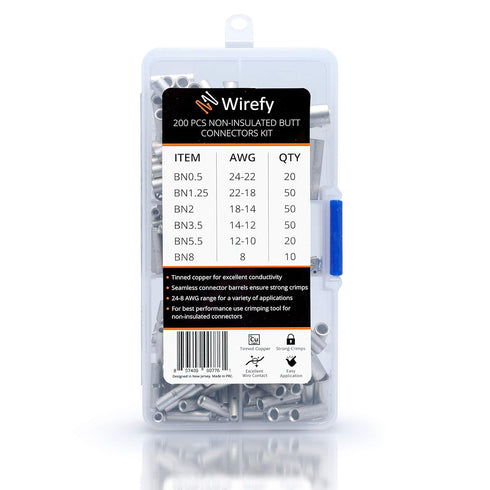 Wirefy 200 PCS Non Insulated Butt Connectors Kit - Uninsulated Crimp Wire Connectors for 24-8 AWG