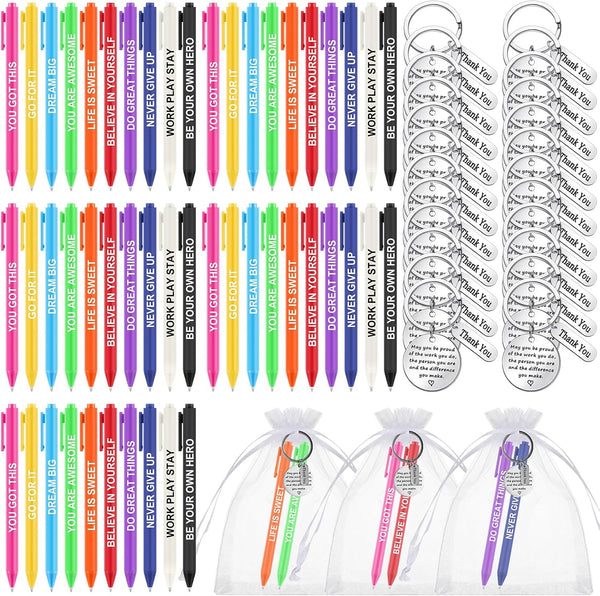 Sasylvia 150 Pcs Employee Appreciation Gift Set - Includes 50 Thank You Keychains and Inspirational Ballpoint Pens
