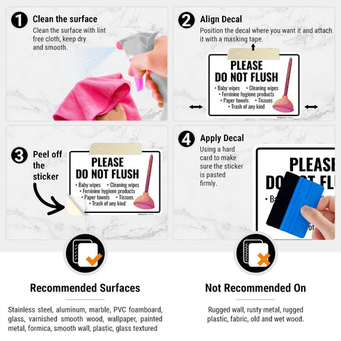 10x7 Inches, 4 Please Do Not Flush Baby Wipes Cleaning Wipes Sign, Mil Vinyl Decal Stickers Weather Resistant, Made