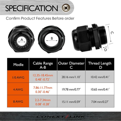 Conextlink 5pcs Waterproof IP68 Nylon Firewall Bushing Grommet Cable Gland Joint for Power Cable (1/0 Gauge, Black)