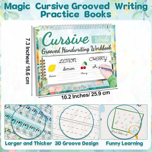 4 Pack gisgfim Grooved Cursive Handwriting Workbook Kit Magic Reusable Grooved Handwriting Practice with Disappearing