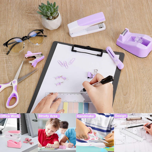 Purple Desk Accessories for Women, Cute Office Supplies Set - Stapler, Tape Dispenser, Scissors, Gift for Students